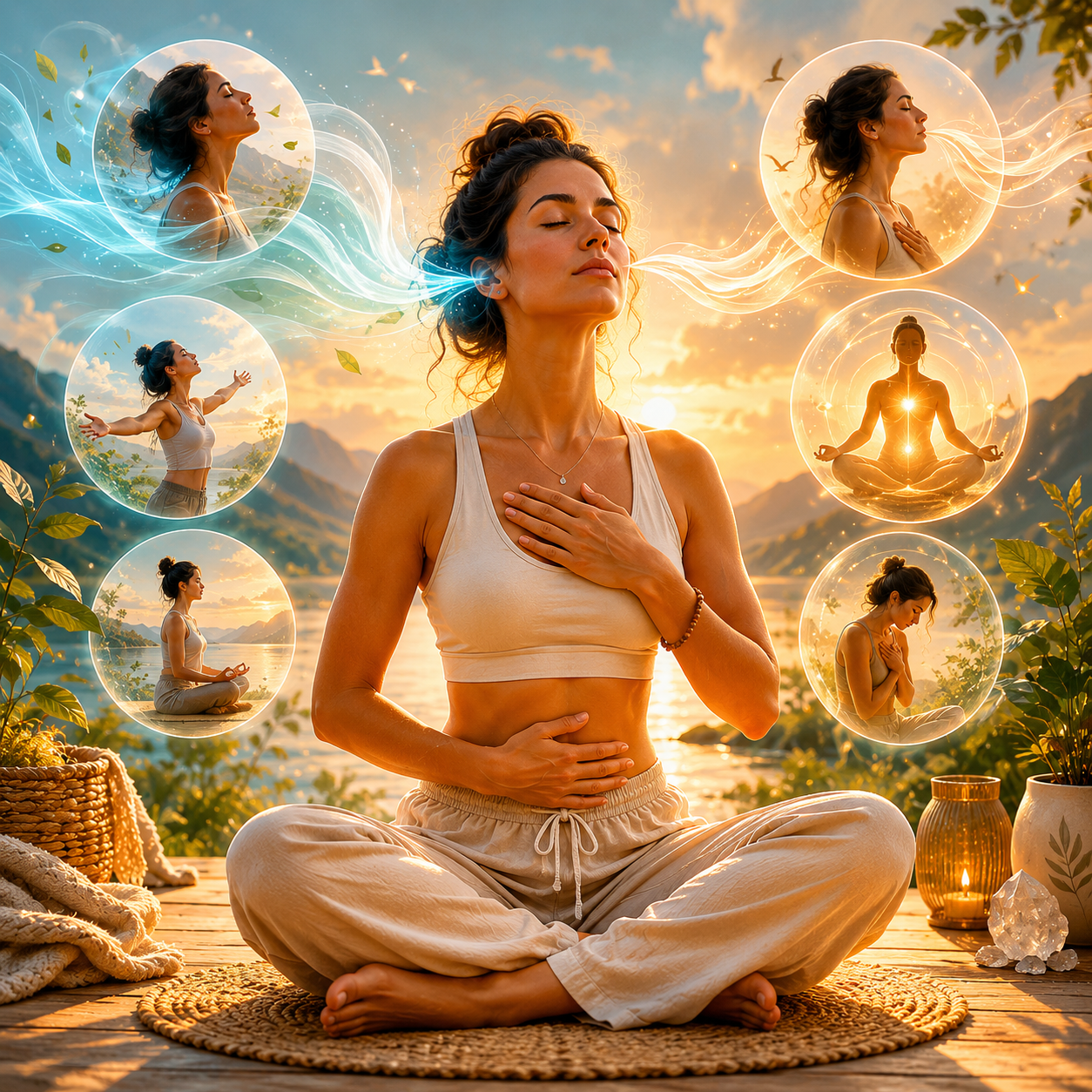 Woman with eyes closed practicing conscious breathing at sunset