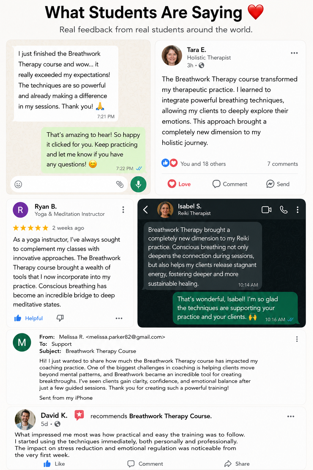 What students are saying about the Breathwork Therapy course: Tara E., Ryan B., Isabel S., Melissa R. and David K.