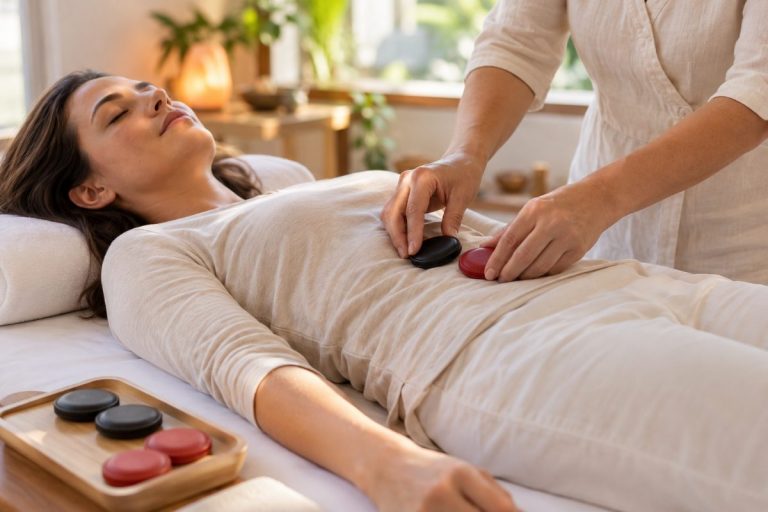 A therapist placing a pair of magnets, one black and one red, during a biomagnetism session
